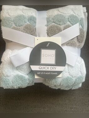Soho Living Washcloths towels Blue, Gray, White Striped Zero Twist Cotton 4 Pc